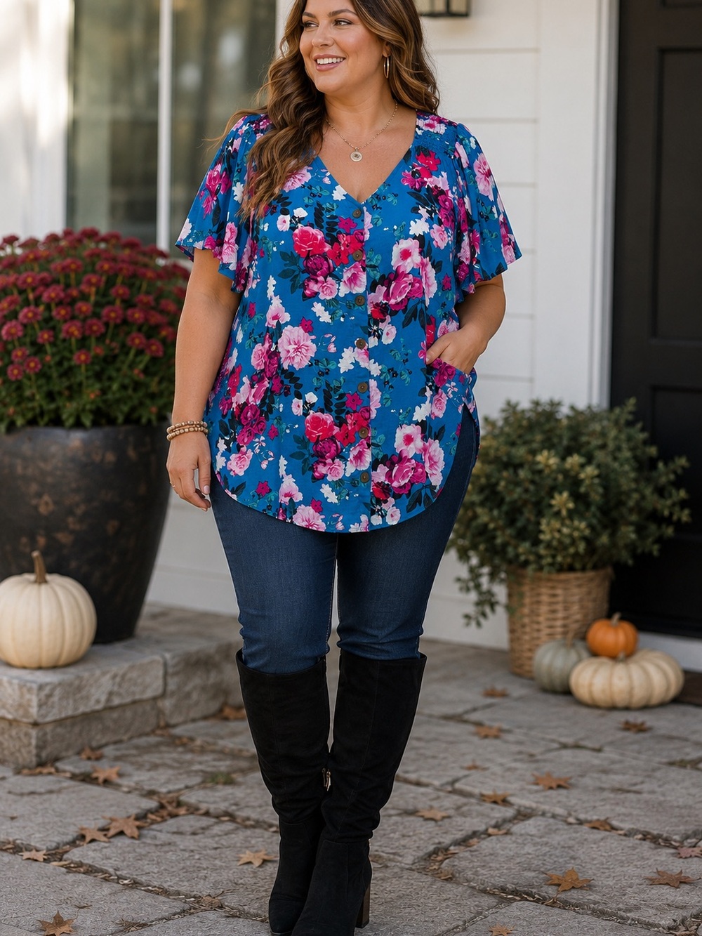 torrid Blue Floral V-Neck Flutter Sleeve Blouse